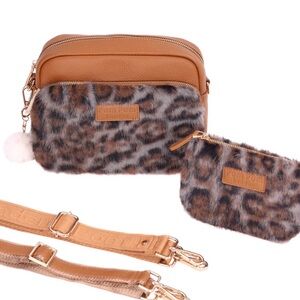 Pom Pom London Original Plus Bag Leopard Print Faux Fur Bundle in Maple